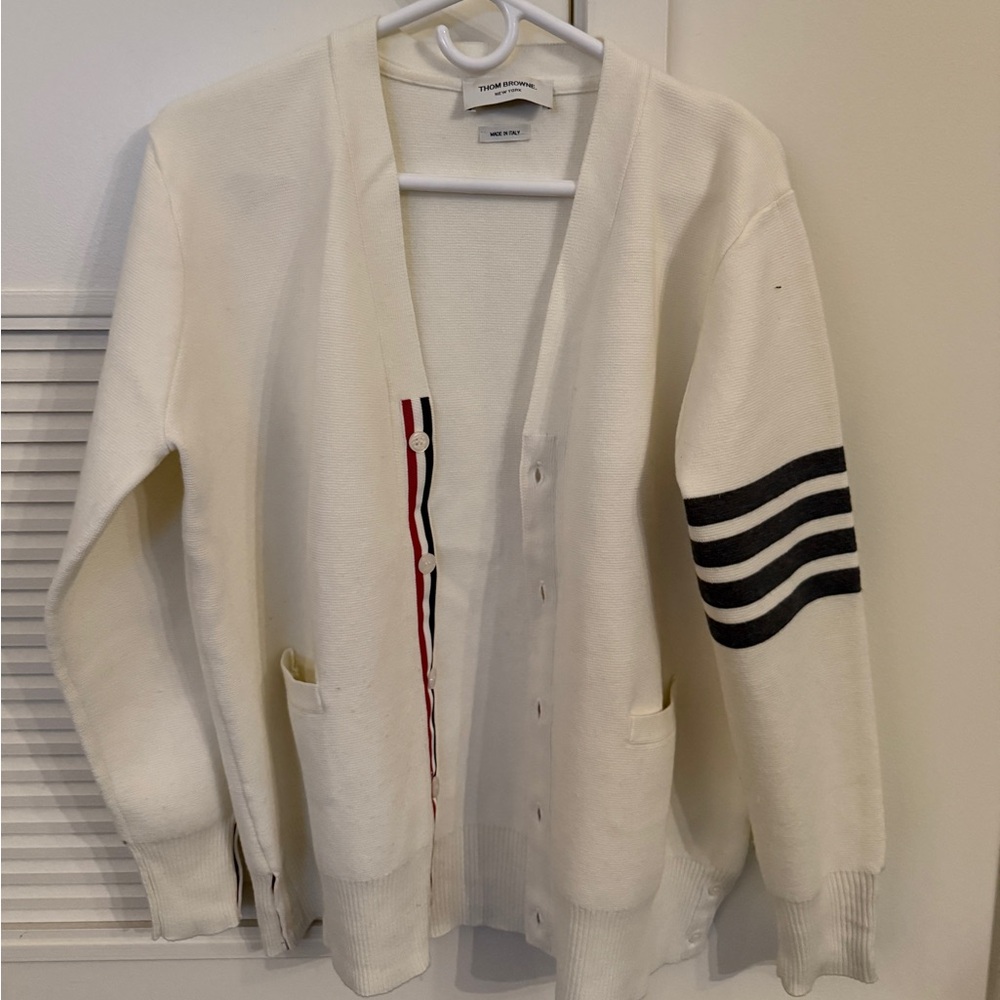 Thom Browne White Cardigan with Black Stripes